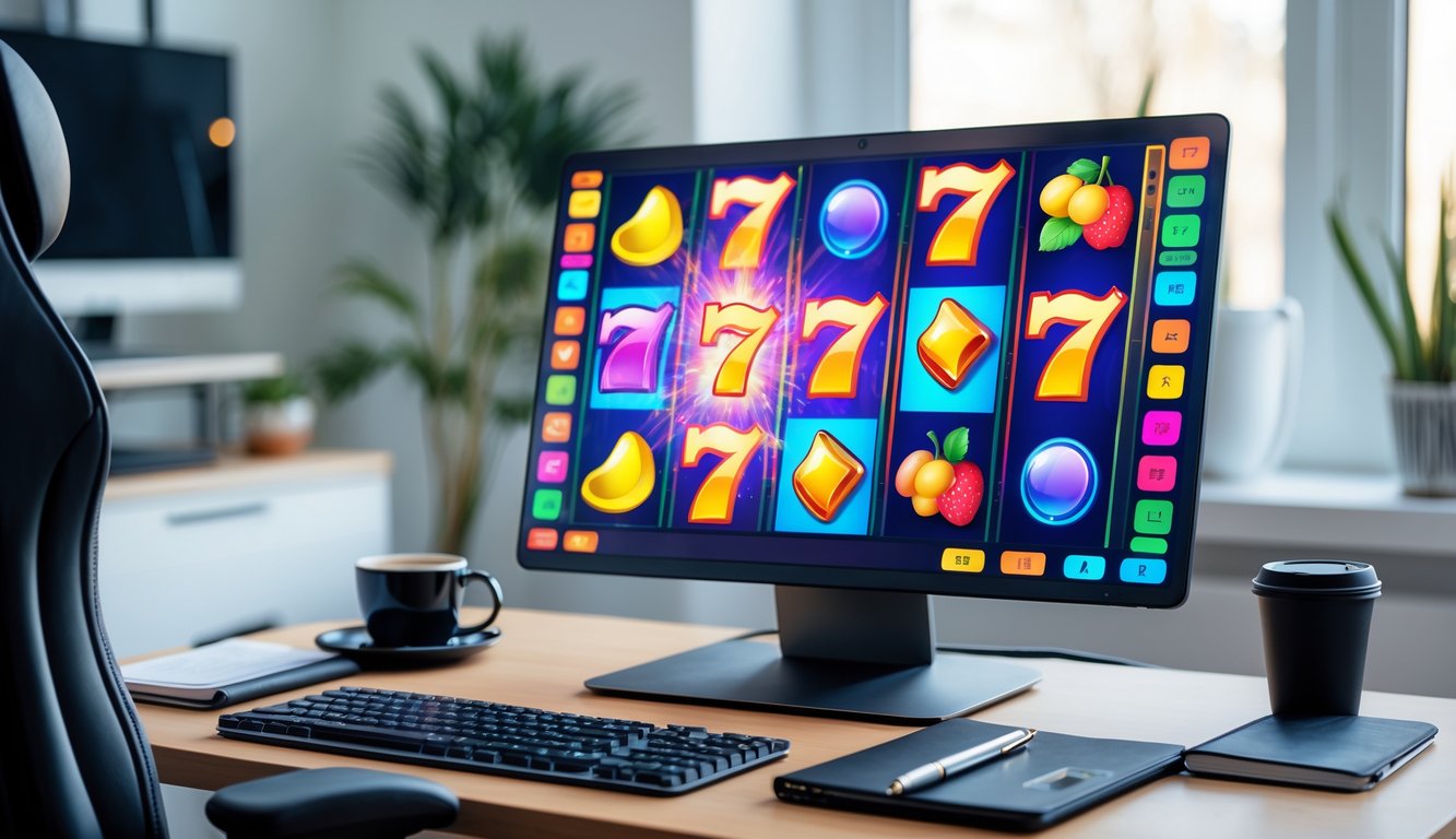 Seorang pemain sedang menggunakan komputer dengan permainan slot online berwarna-warni di layar dalam ruangan yang rapi dan terang.