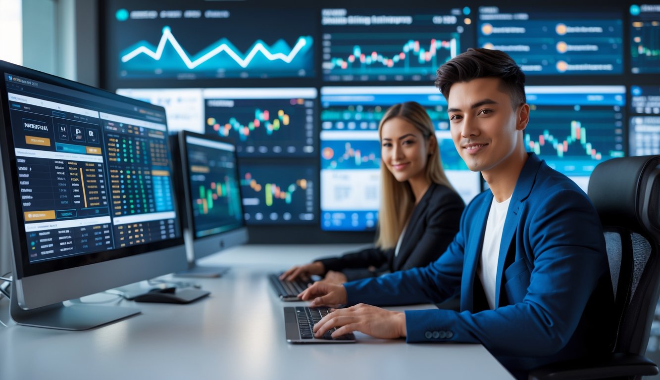 Dua orang muda duduk di depan komputer dengan layar menampilkan informasi pasar taruhan secara lengkap.