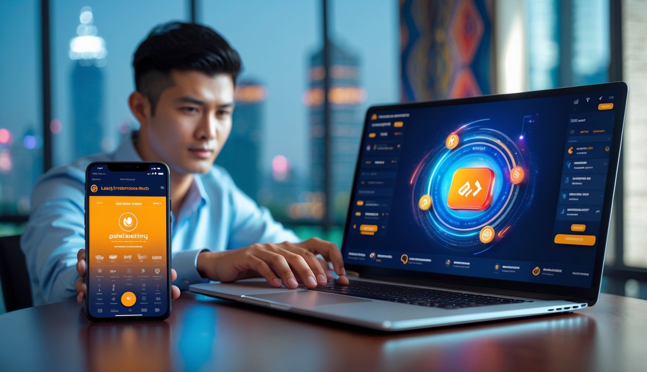 Seorang dewasa muda menggunakan laptop dan ponsel di lingkungan digital modern dengan latar belakang elemen budaya Indonesia.