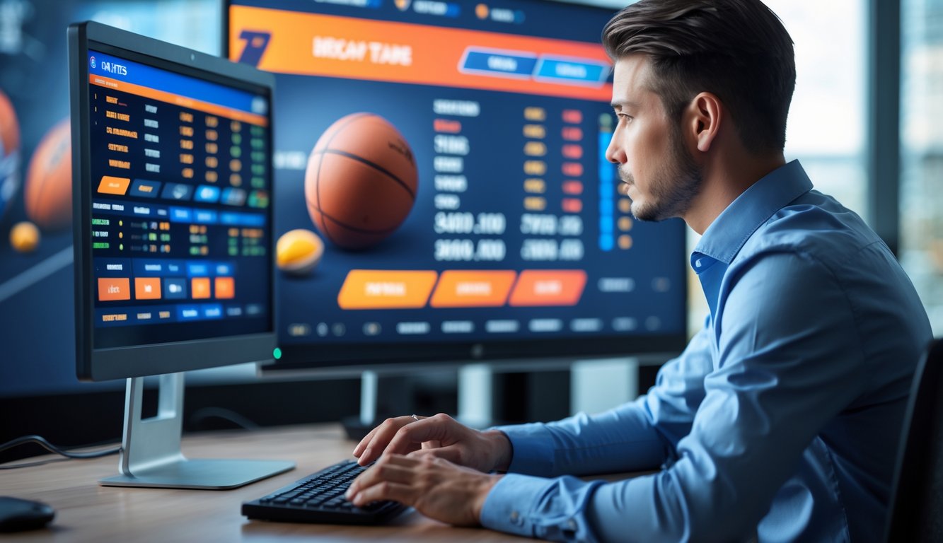 Seorang pria duduk di depan komputer yang menampilkan data taruhan olahraga dengan latar belakang elemen olahraga seperti bola dan ikon balapan.