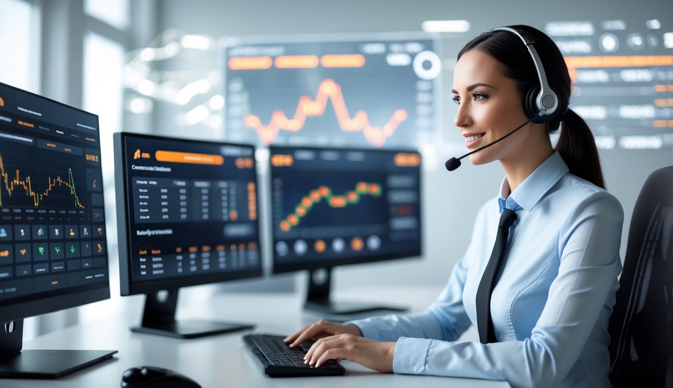 Seorang perwakilan layanan pelanggan profesional sedang bekerja di depan beberapa monitor komputer di kantor modern yang terang.