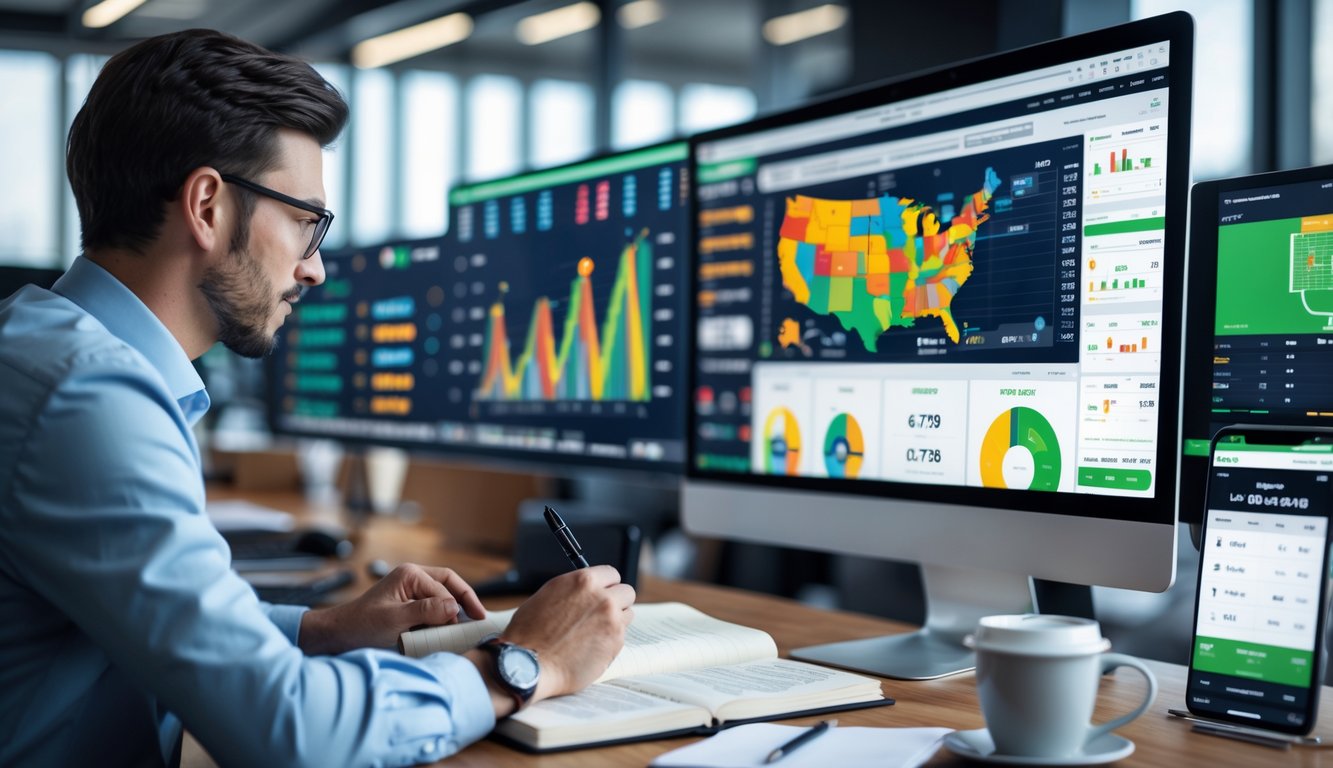 Seorang pria di kantor sedang menganalisis data pertandingan olahraga lengkap di layar komputer.
