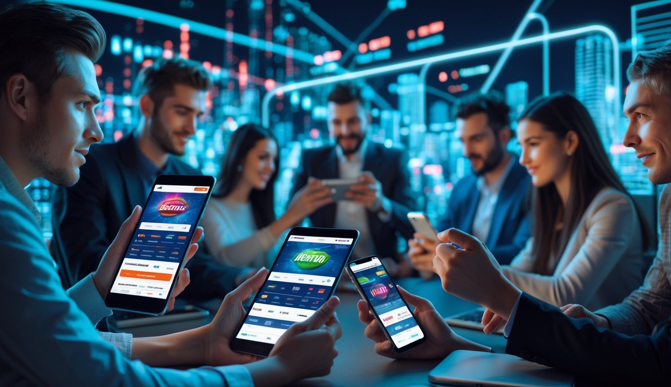 Sekelompok orang muda menggunakan ponsel dan tablet untuk mengakses platform taruhan online dengan latar belakang kota modern yang futuristik.