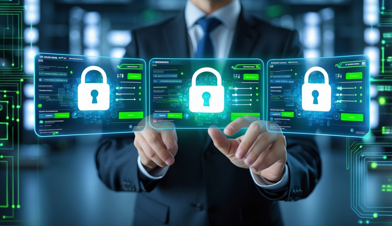 Seorang profesional menggunakan antarmuka digital modern yang menampilkan simbol keamanan canggih dalam lingkungan teknologi tinggi.