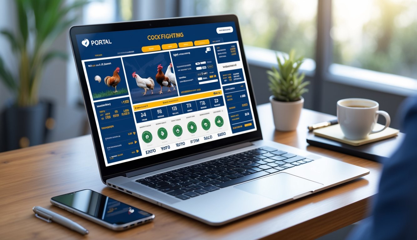 Seorang laptop di atas meja kayu menampilkan antarmuka portal sabung ayam online dengan informasi arena lengkap, dikelilingi oleh ponsel, cangkir kopi, dan buku catatan.