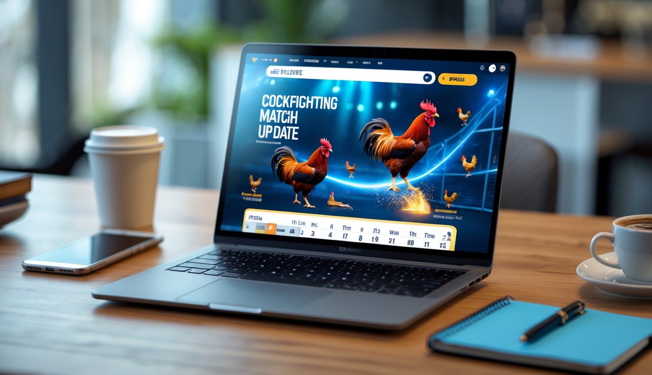 Seorang pria menggunakan laptop di meja kerja dengan tampilan jadwal pertandingan sabung ayam online di layar.