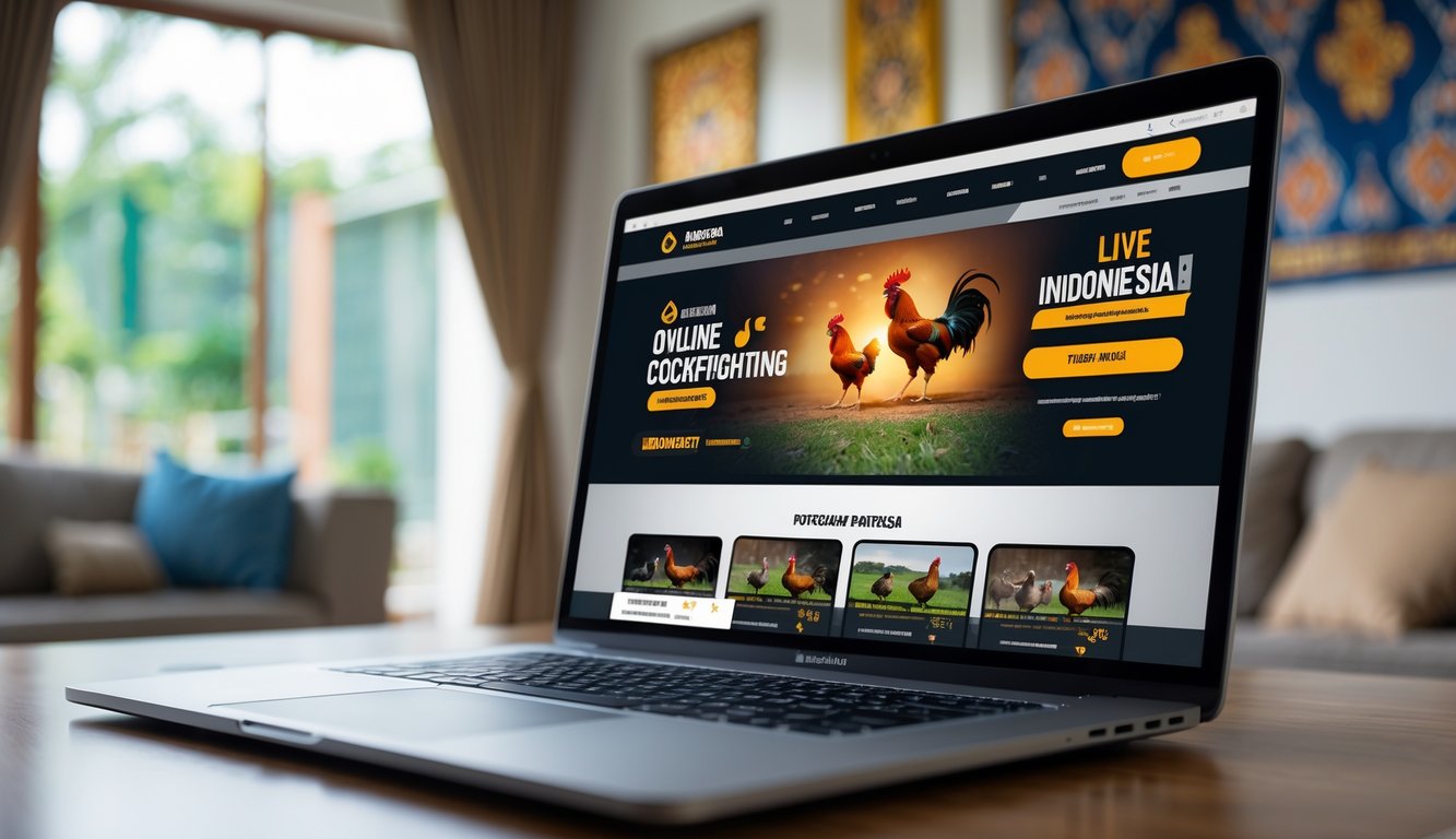 Seseorang menggunakan komputer dengan tampilan platform sabung ayam online yang stabil di latar belakang dengan dekorasi tradisional Indonesia.