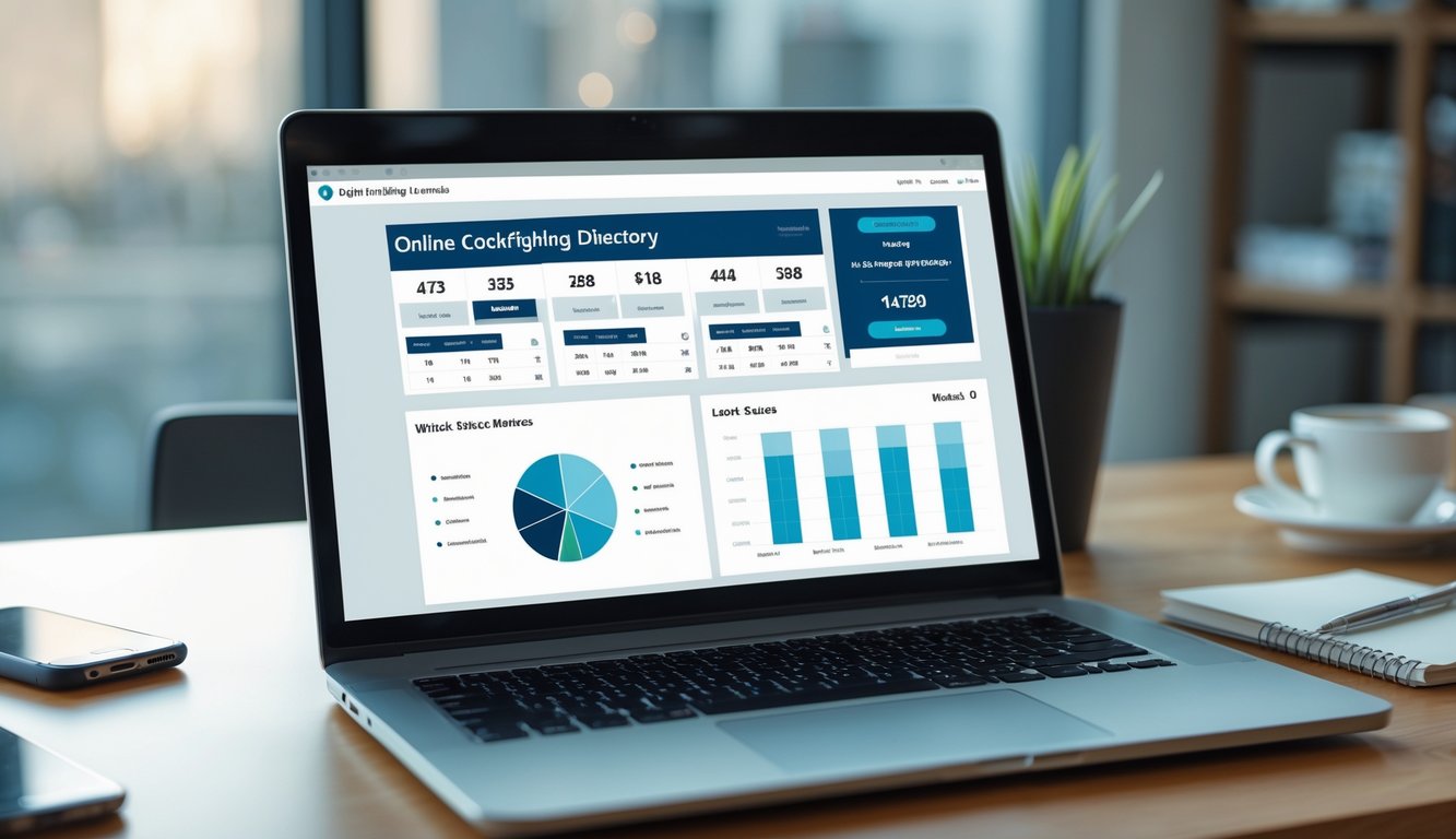 Layar laptop menampilkan antarmuka direktori sabung ayam online dengan data pertandingan terkini di atas meja kerja yang rapi.