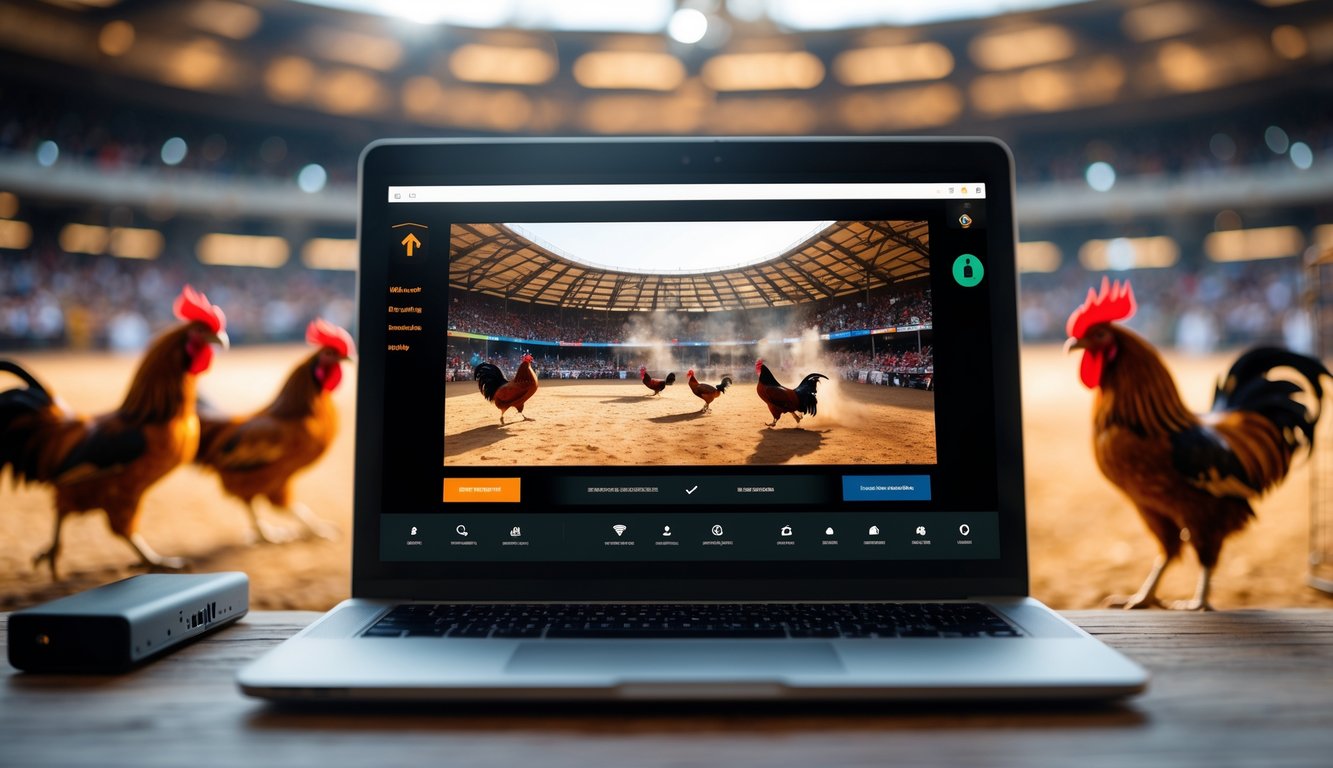 Sebuah layar komputer menampilkan siaran langsung pertandingan sabung ayam di arena dengan latar belakang kerumunan penonton dan ayam jago sedang bertarung.