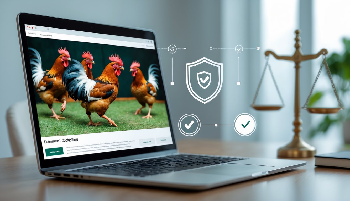 Layar perangkat digital menampilkan pertandingan sabung ayam dengan latar ruang kerja yang bersih dan profesional.
