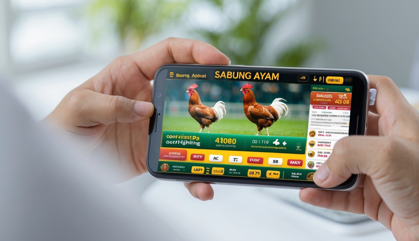 Tangan memegang ponsel yang menampilkan antarmuka aplikasi sabung ayam online yang mudah diakses melalui perangkat mobile.