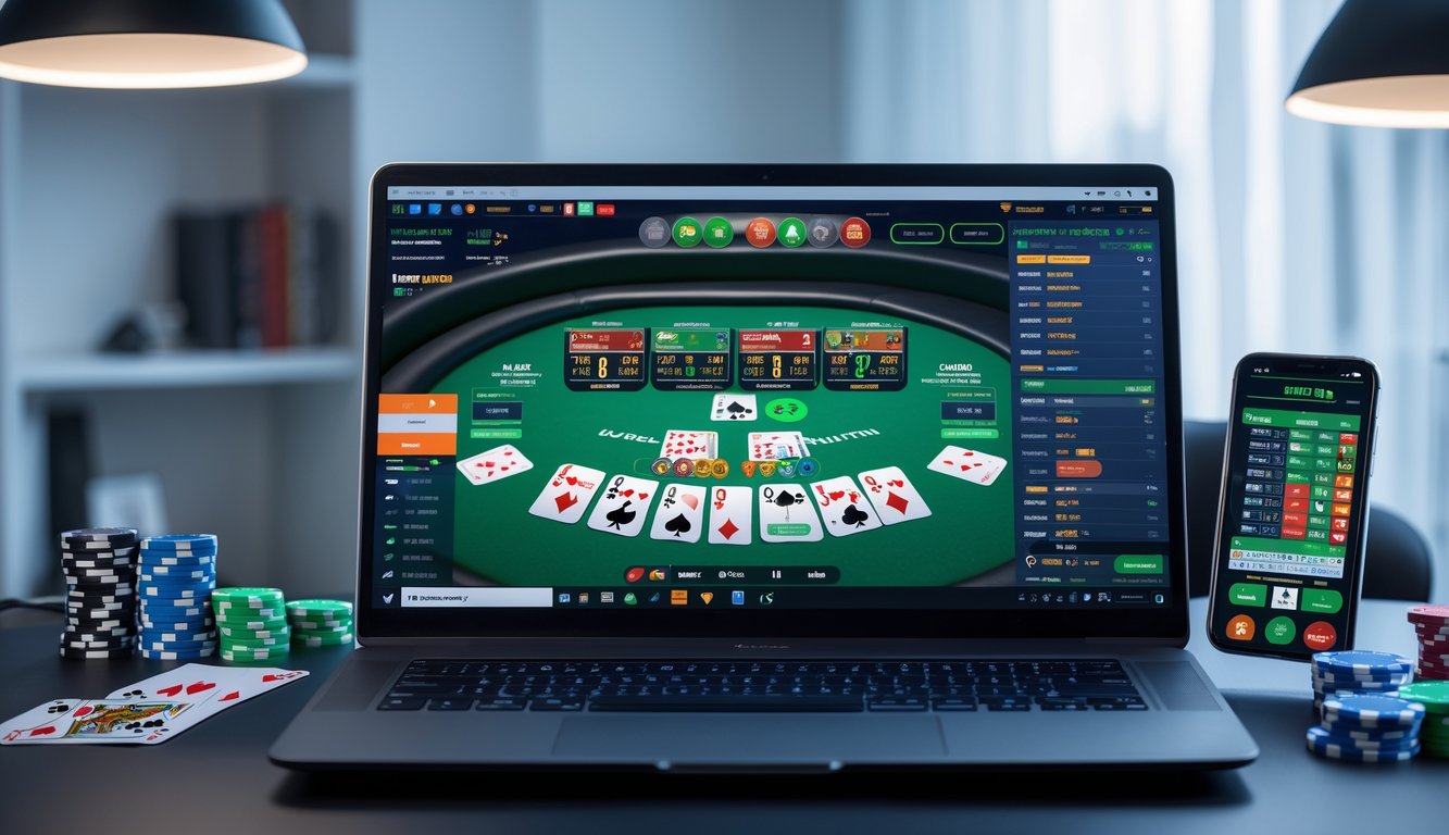 Seorang pemain poker online sedang menggunakan komputer dengan beberapa meja poker terlihat di layar dalam ruangan yang rapi dan terang.