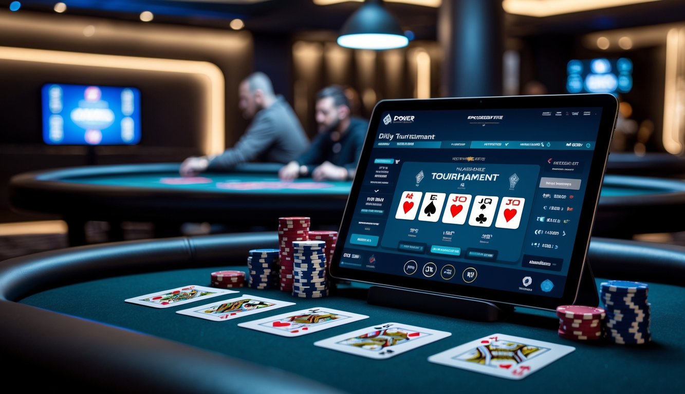 Meja poker modern dengan chip dan kartu, serta perangkat digital menampilkan permainan poker dan jadwal turnamen di latar belakang lounge permainan.
