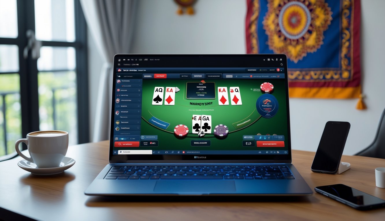 Seorang pemain poker online menggunakan laptop di meja kerja yang rapi dengan latar belakang elemen budaya Indonesia.
