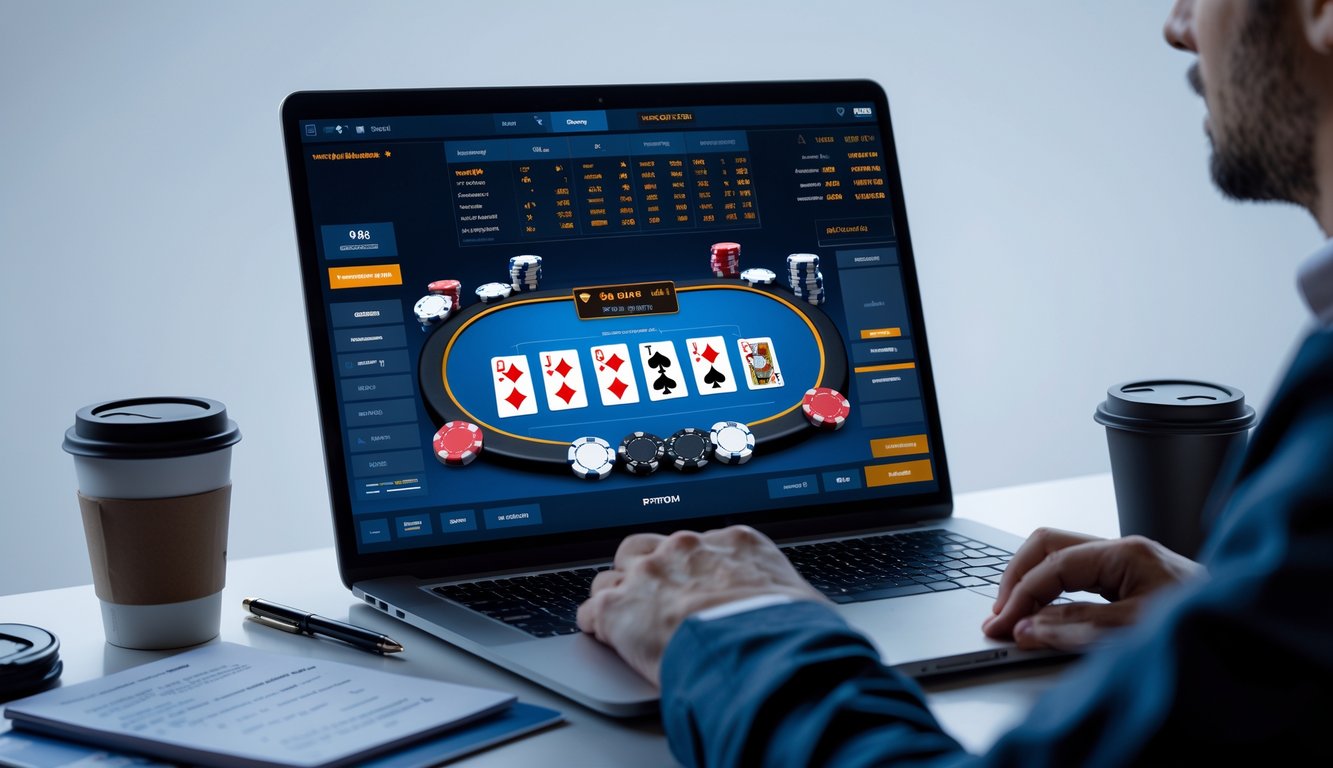 Seorang pemain poker online sedang fokus bermain di depan layar komputer dengan tumpukan chip dan kartu poker di sekitarnya.