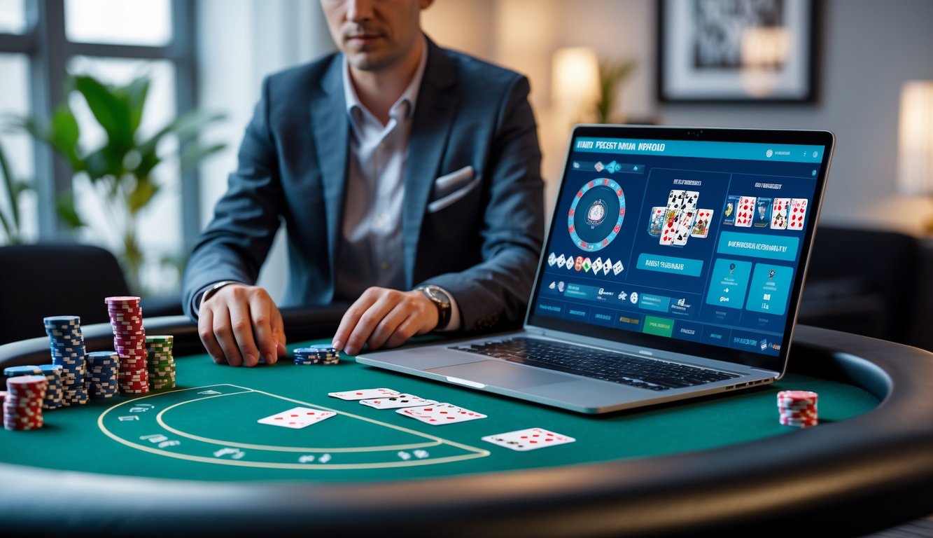 Seseorang sedang bermain poker online di depan laptop dengan meja poker dan chip yang tertata rapi.