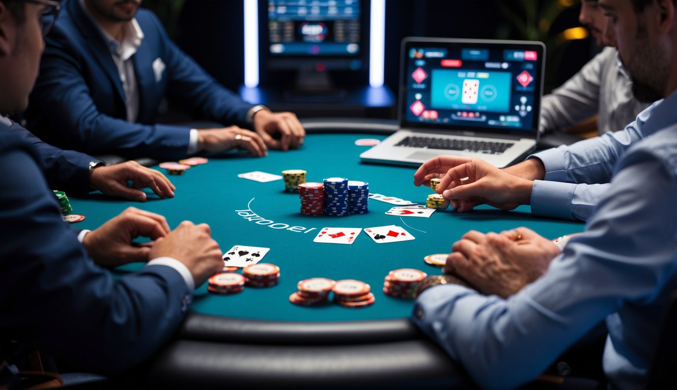 Meja poker online dengan pemain yang sedang bermain dan layar streaming HD yang menampilkan permainan.