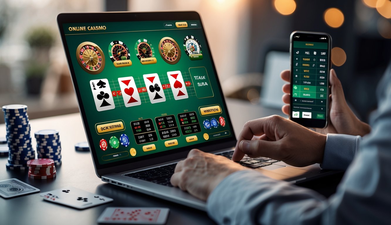 Seorang pria menggunakan laptop dengan tampilan permainan judi online lengkap di meja kerja yang rapi.