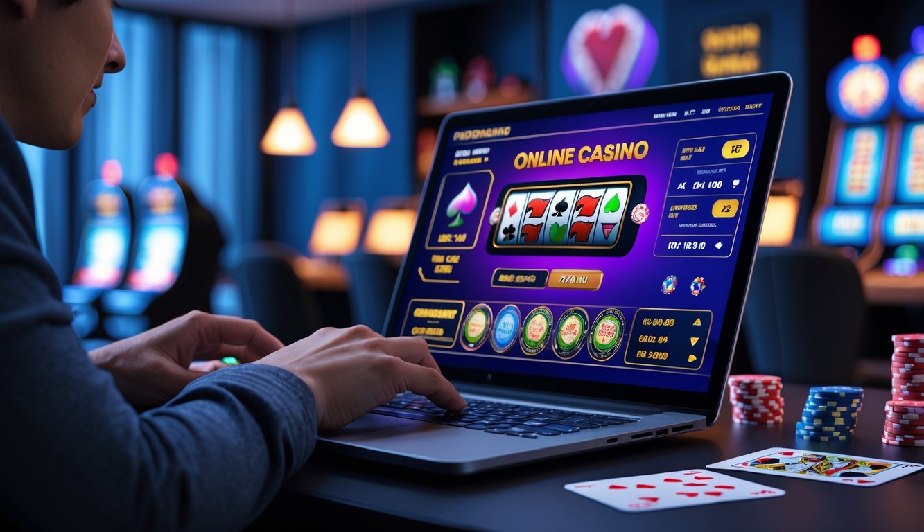 Seseorang menggunakan laptop dengan tampilan permainan kasino online di layar, di dalam ruangan modern dengan elemen permainan seperti chip poker dan kartu remi.