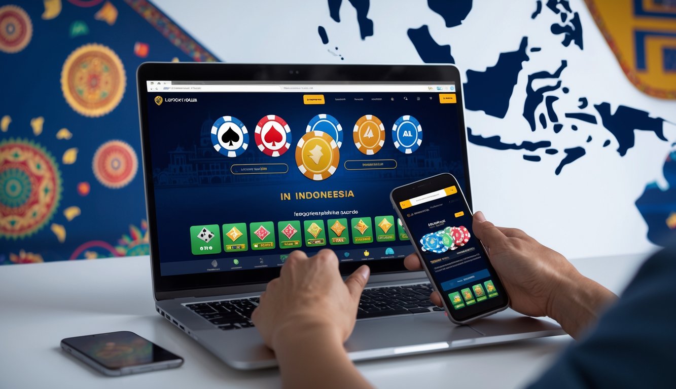 Seseorang menggunakan laptop dan ponsel dengan tampilan permainan judi online di meja kerja yang rapi.