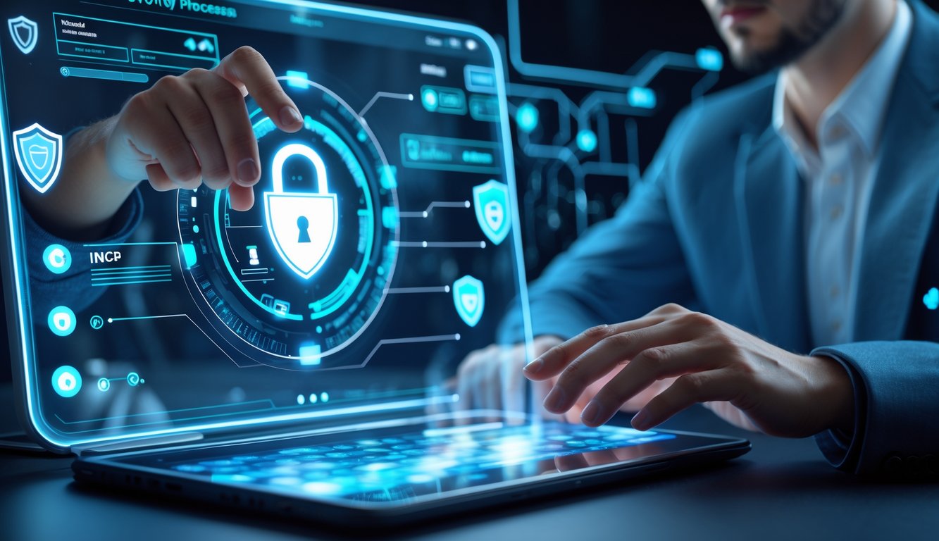 Seseorang menggunakan layar sentuh transparan dengan ikon keamanan digital di latar belakang teknologi modern.