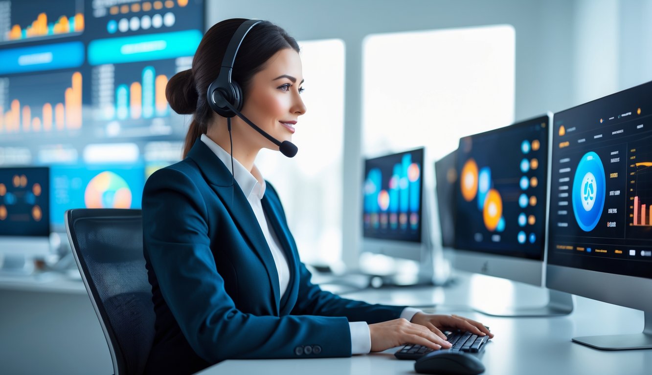 Seorang perwakilan layanan pelanggan profesional sedang bekerja di kantor modern dengan beberapa layar komputer yang menampilkan data terkait judi online.