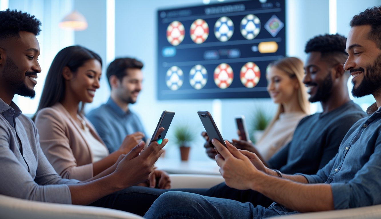 Orang-orang menggunakan ponsel dan tablet untuk bermain permainan judi online di lingkungan yang nyaman dan modern.