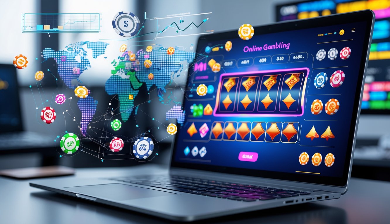 Seorang pria menggunakan laptop dengan tampilan permainan judi online dan grafik data di sekitarnya di dalam ruangan yang terang.