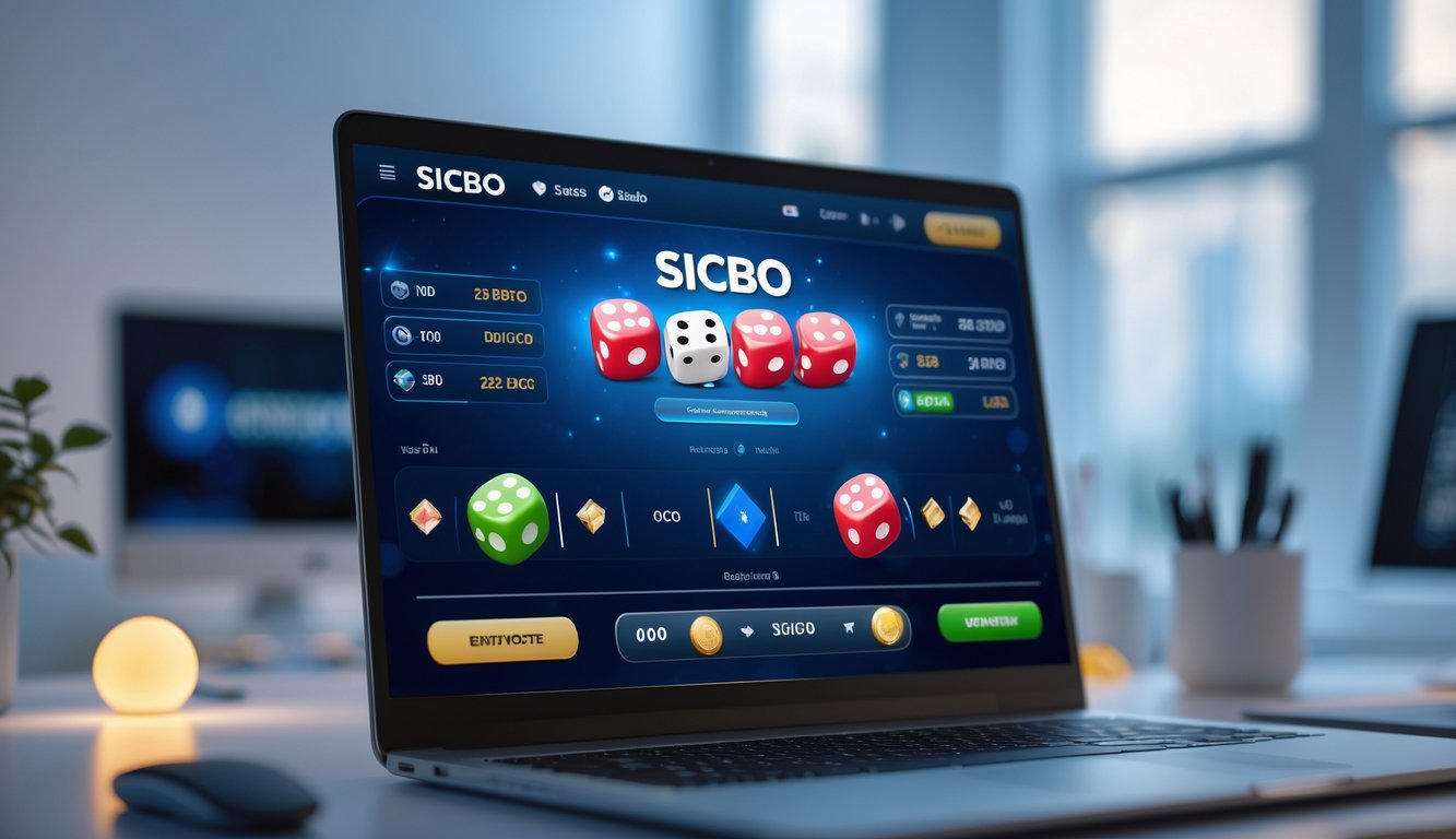 Tampilan komputer dengan permainan Sicbo online yang menampilkan dadu dan opsi taruhan dalam suasana ruangan modern.