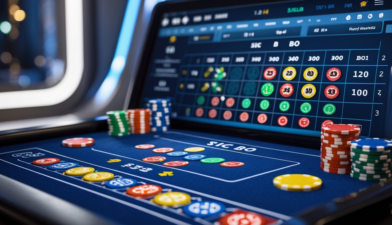 Tampilan meja Sic Bo online dengan antarmuka digital lengkap dan chip taruhan berwarna-warni.