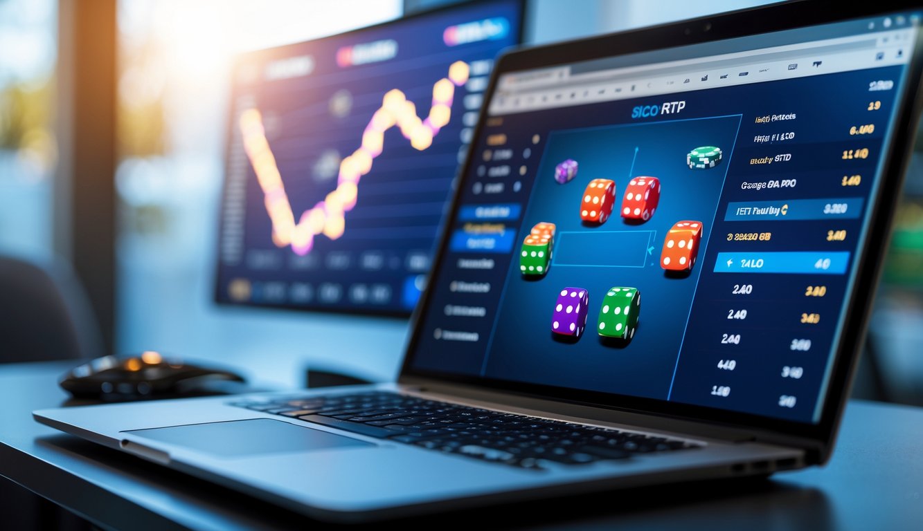 Layar laptop menampilkan permainan Sicbo online dengan dadu digital dan chip taruhan, di latar belakang grafik data RTP terkini yang samar.