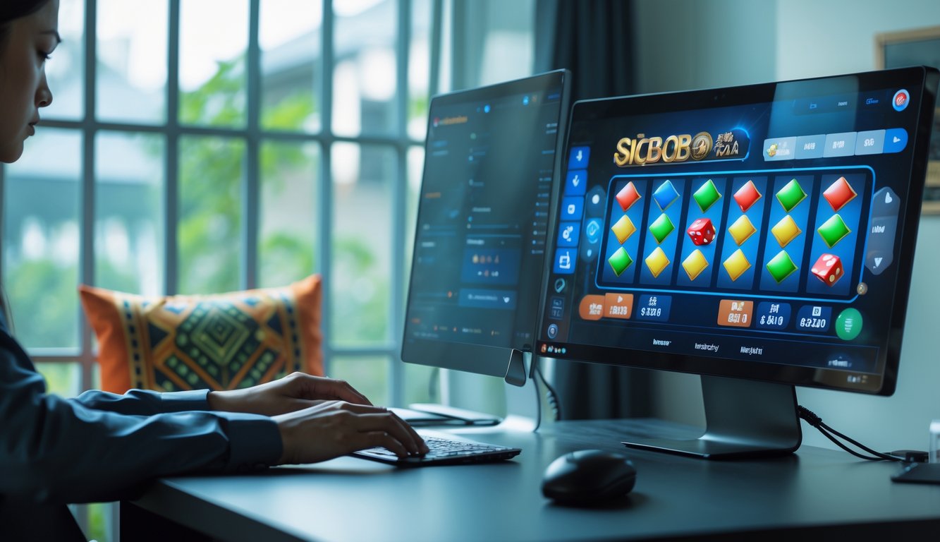 Seseorang sedang menggunakan komputer dengan permainan Sicbo online di layar dalam suasana kerja yang tenang dan rapi.