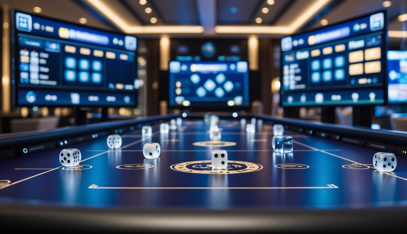 Meja permainan Sicbo online dengan dadu transparan yang sedang bergerak dan layar digital yang menampilkan streaming langsung.