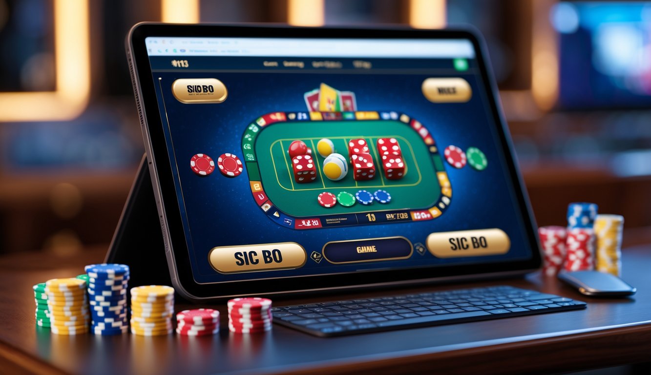 Sebuah meja dengan perangkat digital menampilkan permainan dadu Sic Bo online, dengan chip taruhan dan aksesori permainan di sekitarnya.