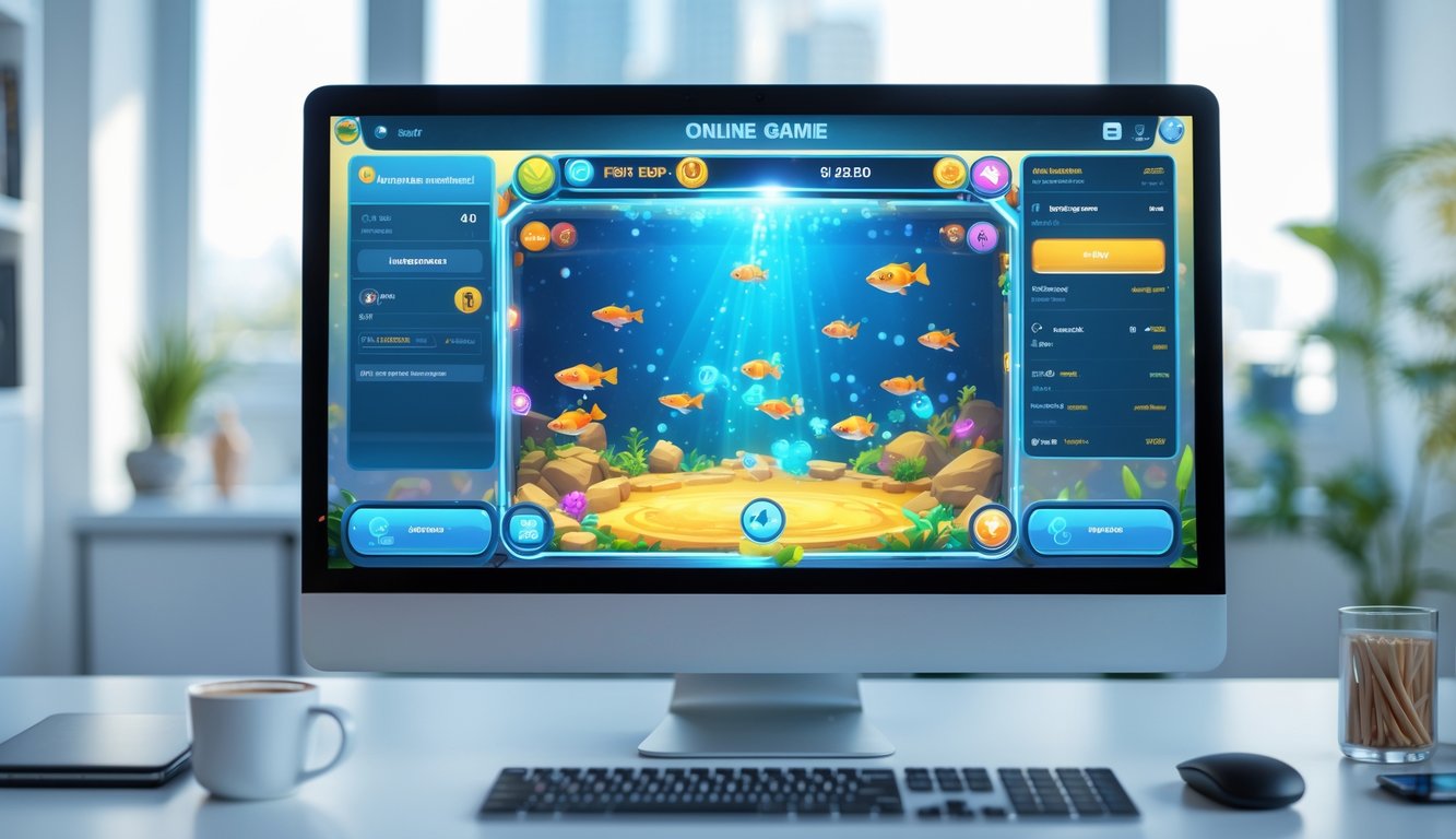 Layar komputer menampilkan permainan tembak ikan online dengan arena permainan yang penuh warna dan elemen interaktif, di meja kerja yang rapi dengan perlengkapan kantor.