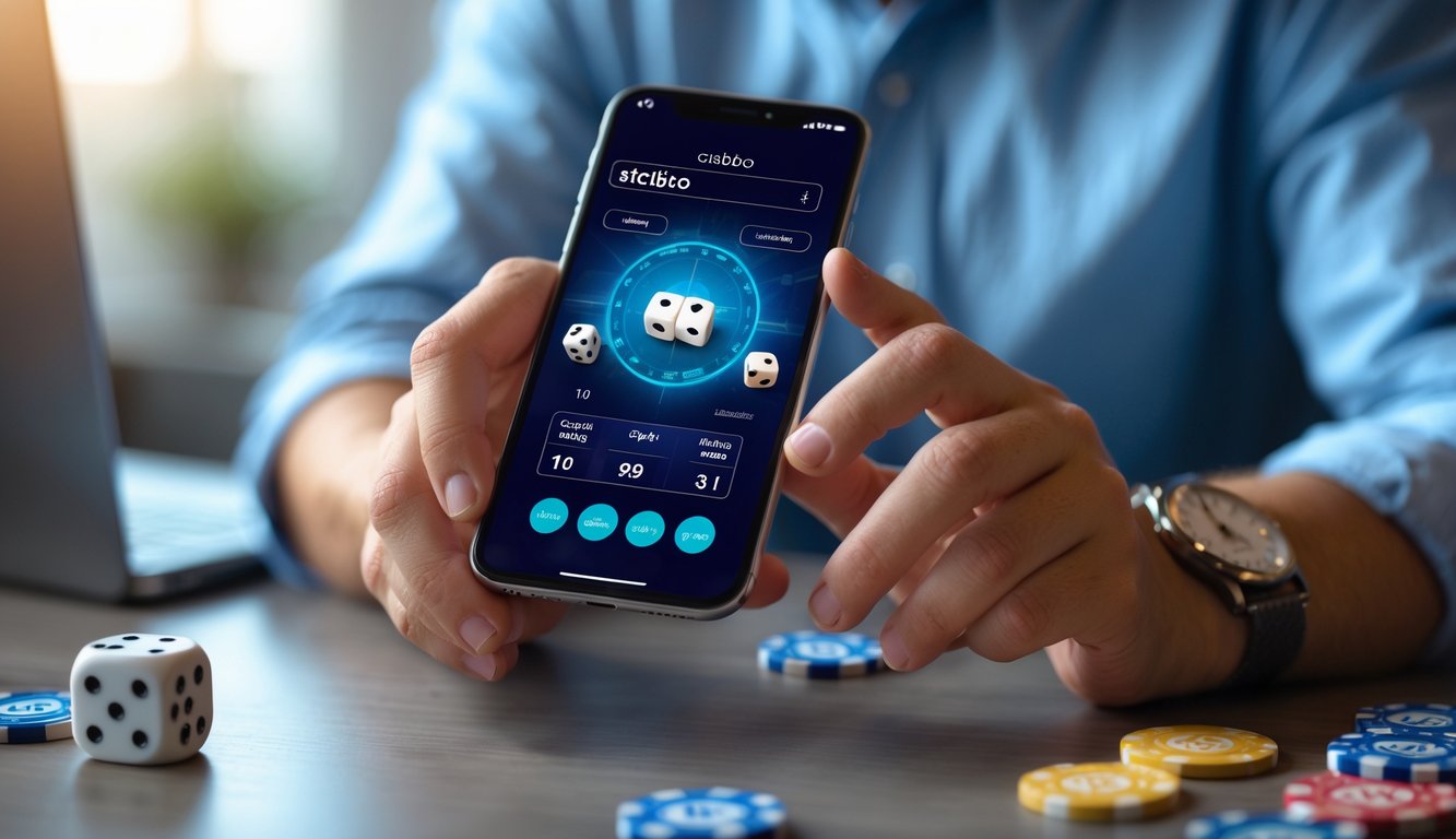 Seseorang menggunakan ponsel untuk bermain permainan Sicbo online di lingkungan yang nyaman dan terang.