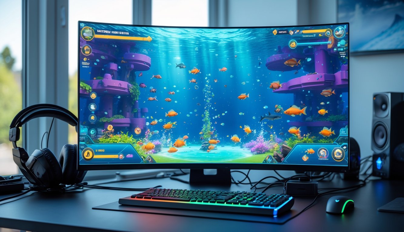 Sebuah layar komputer menampilkan permainan menembak ikan dengan latar bawah laut yang penuh warna di sebuah meja kerja yang rapi.
