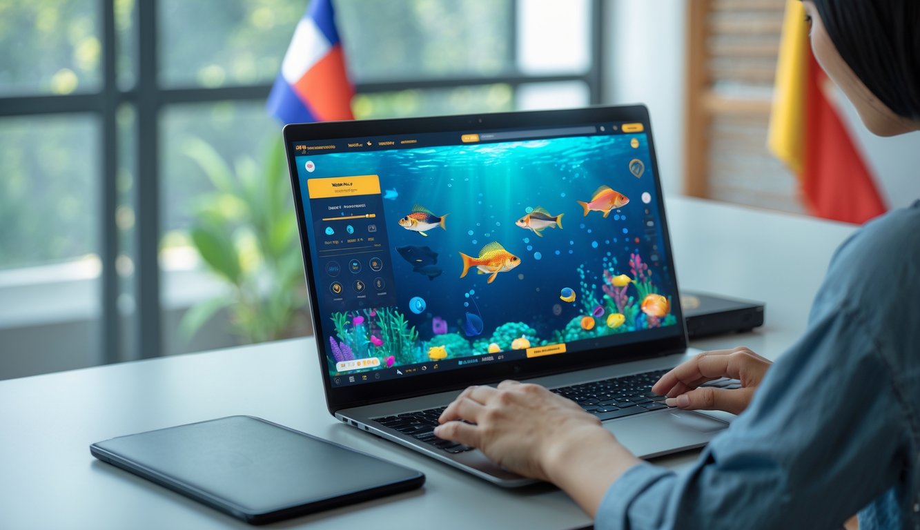 Seseorang menggunakan komputer dengan permainan memancing online yang menampilkan ikan berwarna-warni di layar.