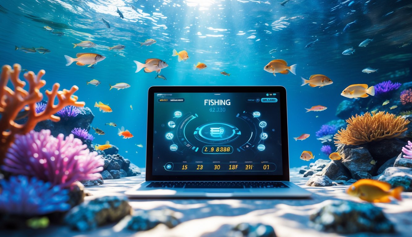 Layar perangkat modern menampilkan permainan memancing ikan daring dengan latar bawah laut berwarna-warni dan ikan-ikan berenang di sekitar terumbu karang.