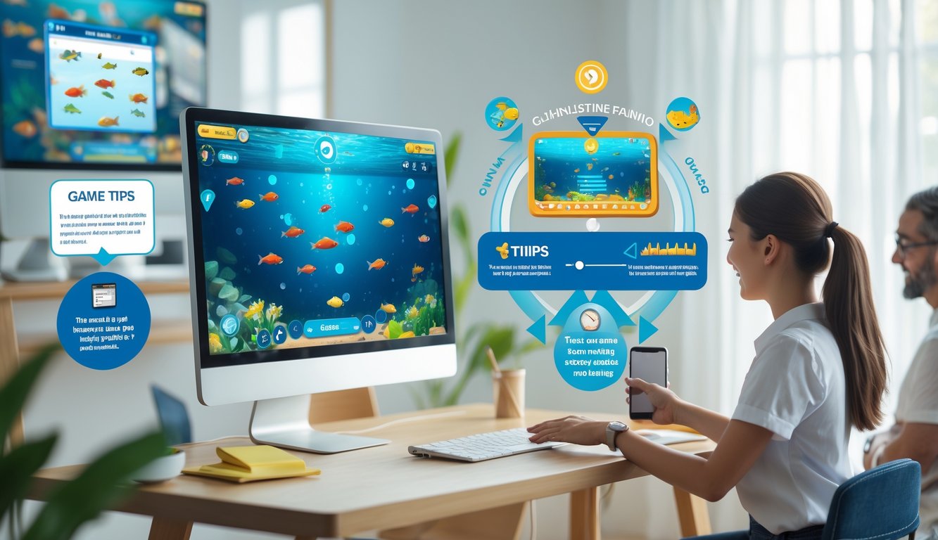 Antarmuka permainan tembak ikan online ditampilkan pada komputer dan ponsel dengan grafis ikan berwarna-warni dan elemen panduan bermain di ruangan terang.