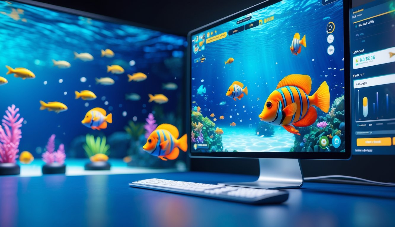 Layar perangkat modern menampilkan permainan memancing ikan online dengan latar bawah laut berwarna-warni dan ikan tropis berenang.