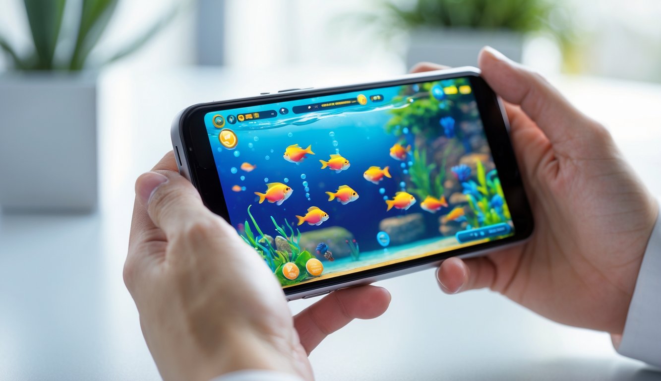 Seseorang memegang ponsel yang menampilkan permainan tembak ikan online dengan latar belakang buram.