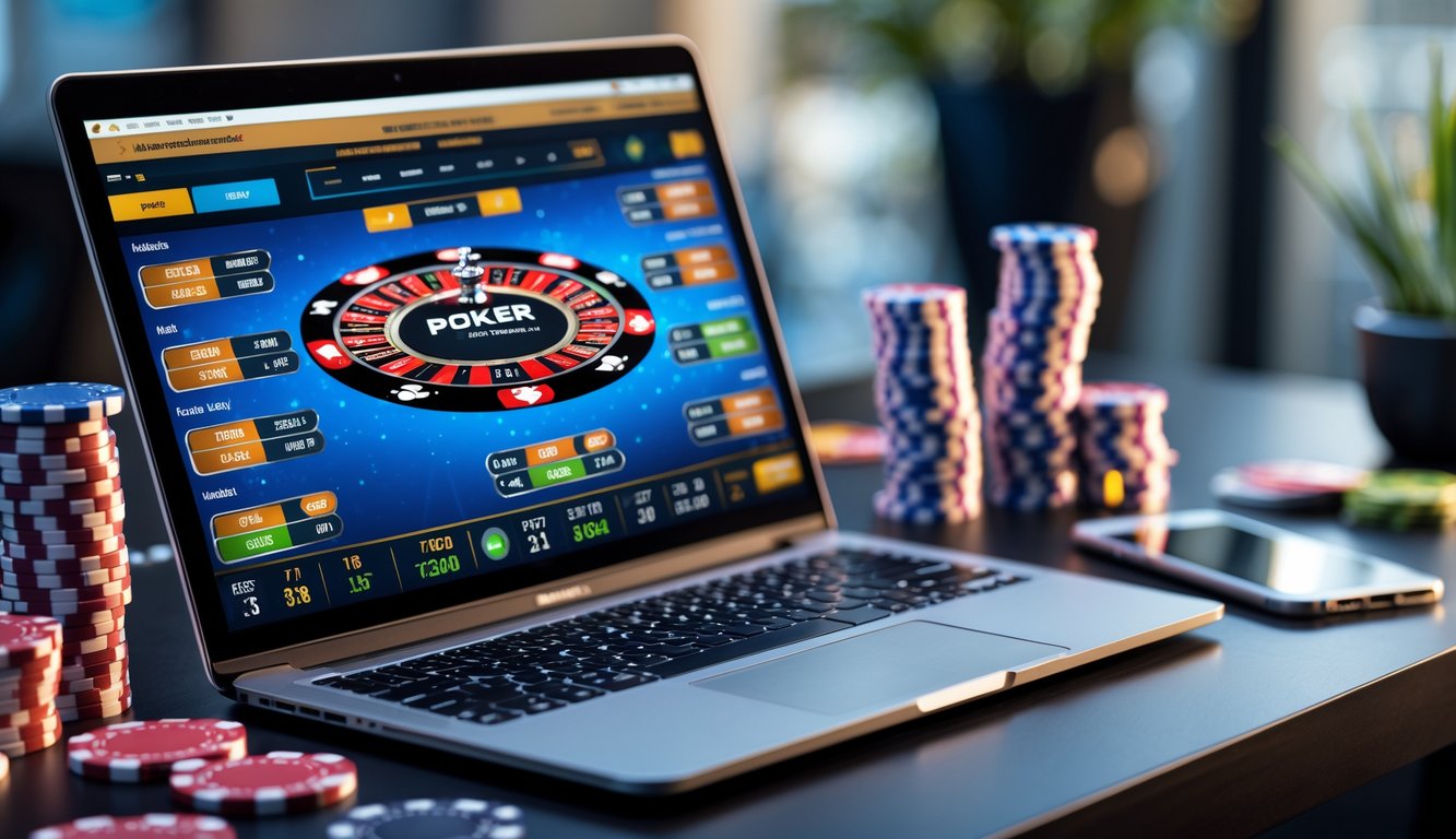 Seorang pemain poker online sedang menggunakan laptop dengan meja poker dan chip di sekitarnya.