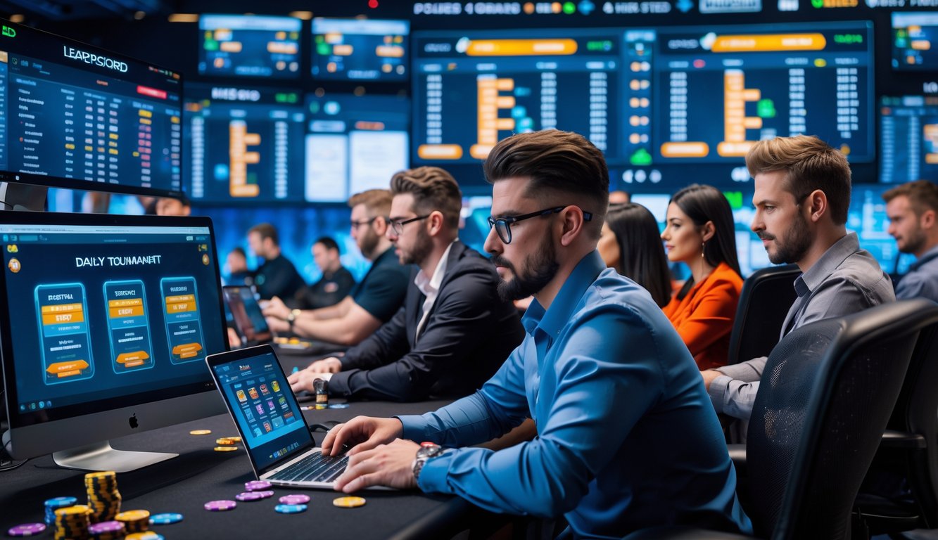 Beberapa orang sedang bermain poker online di ruang kerja modern dengan beberapa layar komputer yang menampilkan permainan dan turnamen poker.