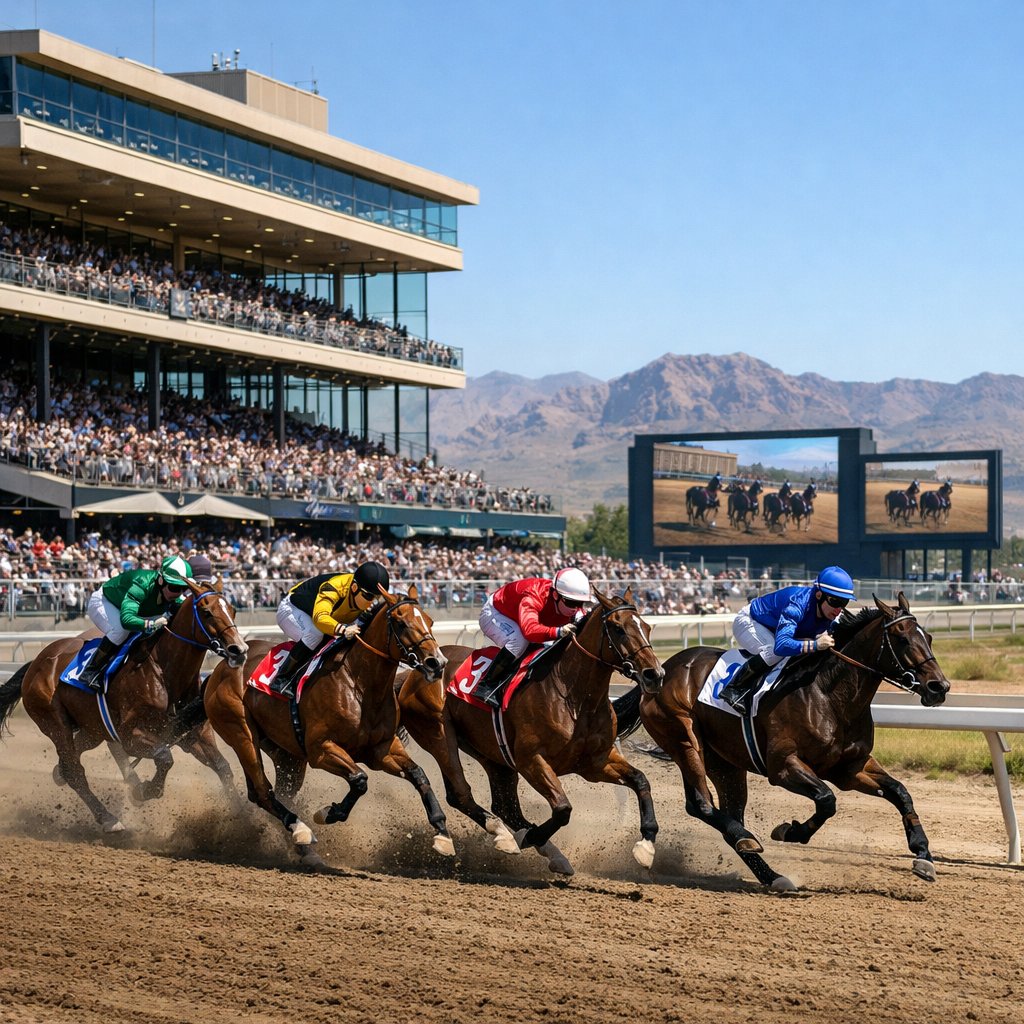 Thoroughbred horses racing on a dirt track with jockeys and spectators at a Nevada racetrack under clear skies.