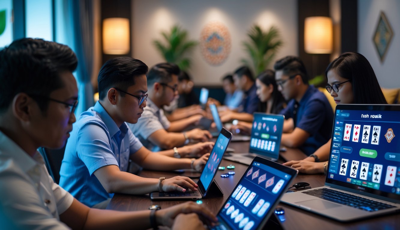 Sejumlah orang bermain poker online menggunakan perangkat elektronik di ruangan yang nyaman dengan elemen budaya Indonesia.