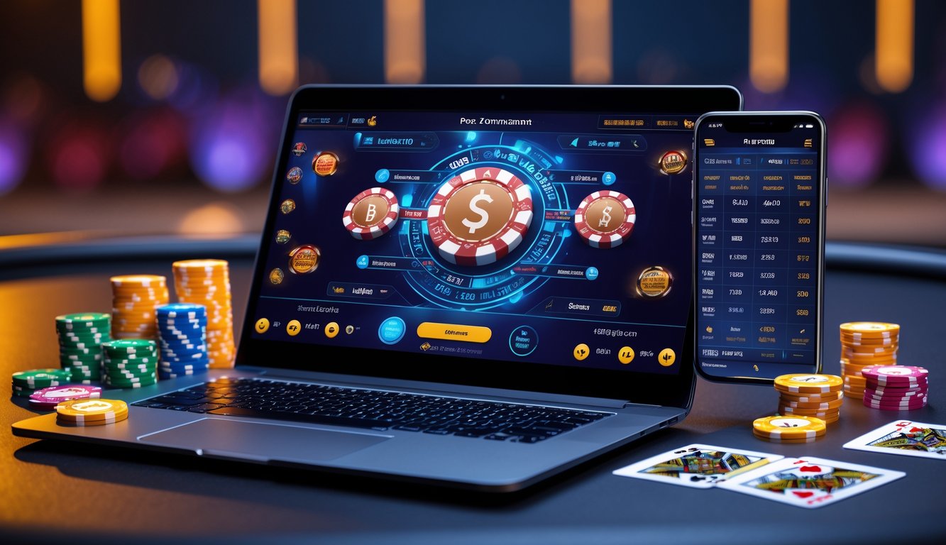 Seorang pemain poker online menggunakan laptop dengan tampilan permainan poker dan data turnamen terbaru di layar, dikelilingi oleh chip poker dan kartu bermain.