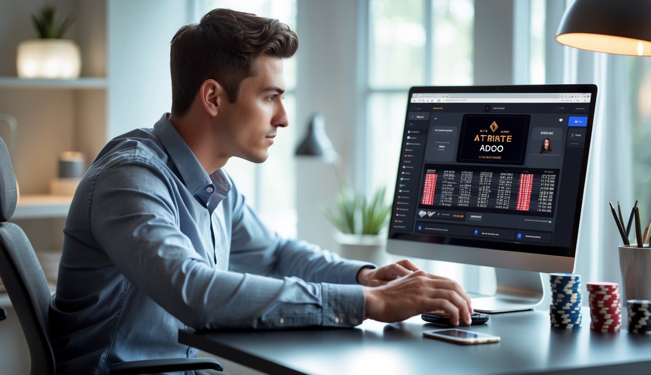 Seorang pria muda duduk di depan laptop dengan kartu poker dan chip di meja, fokus bermain poker online di ruangan yang terang dan nyaman.