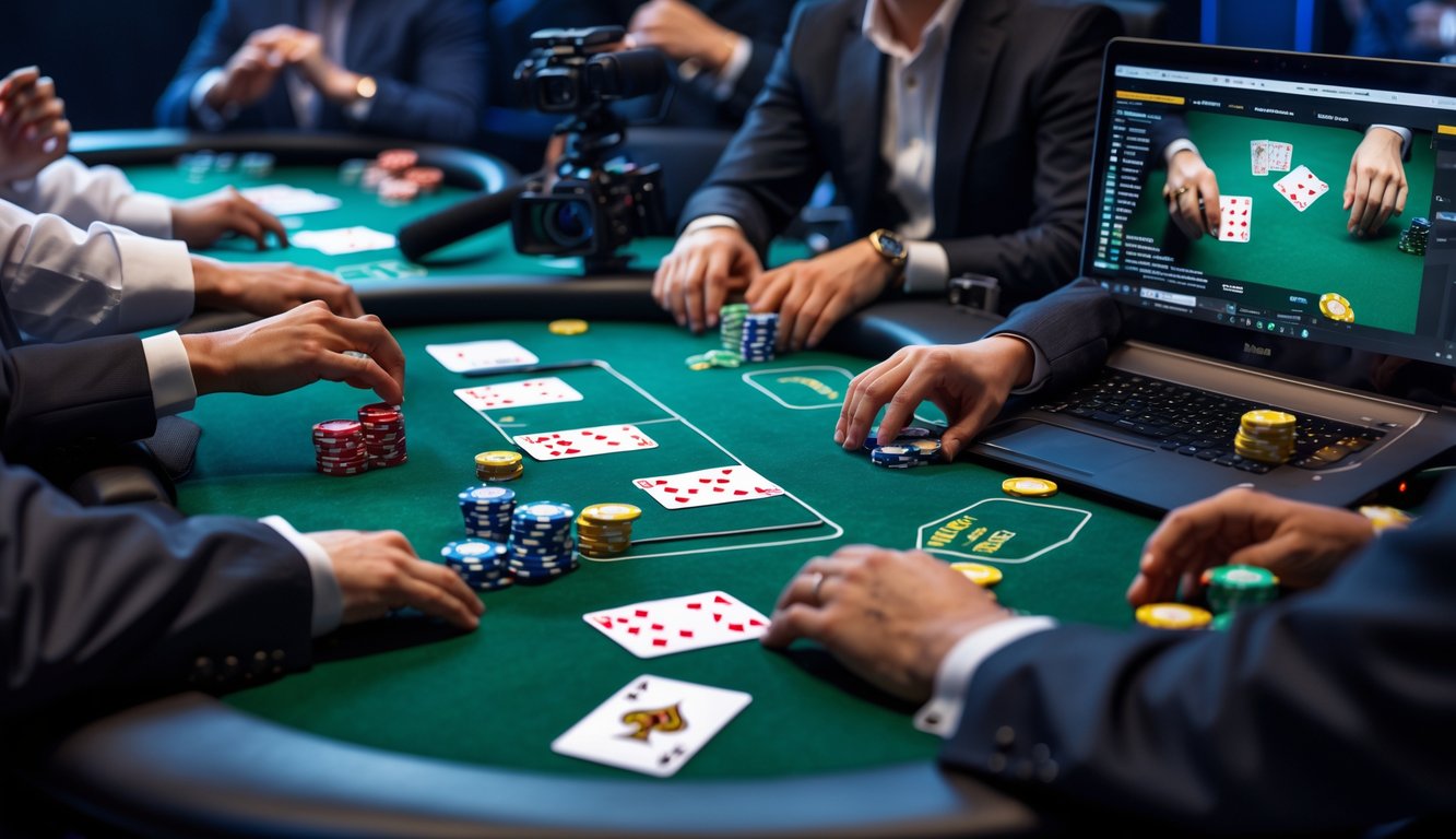 Meja poker online dengan kartu dan chip, sedang disiarkan langsung dengan kamera dan peralatan streaming.