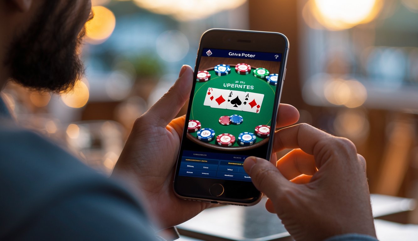 Seseorang memegang ponsel yang menampilkan permainan poker online dengan chip dan kartu di layar.